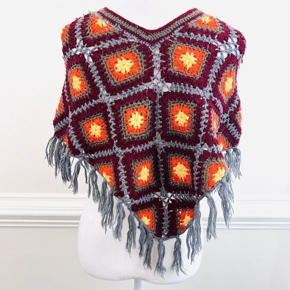 Granny Square Blue, Red, Orange Crocheted Fringe Boho Hippie Fringed Shawl - Picture 6 of 6